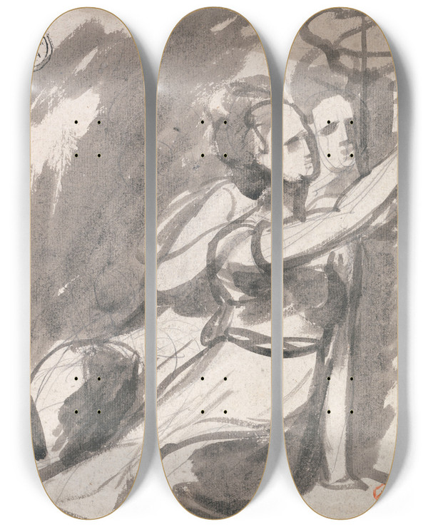 Triptych art skateboard deck of George Romney Two Sisters by George Romney (1734-1802)