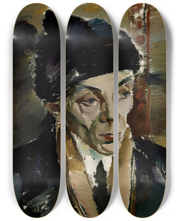 Triptych art skateboard deck of Ilmari Aalto Man In Fur Cap by Ilmari Aalto (1891-1934)