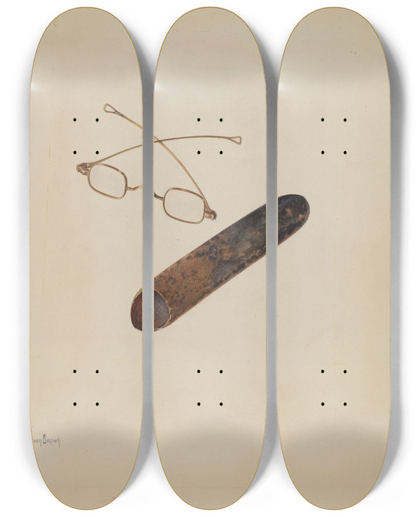 Triptych art skateboard deck of H Langden Brown Spectacles And Case by H Langden Brown