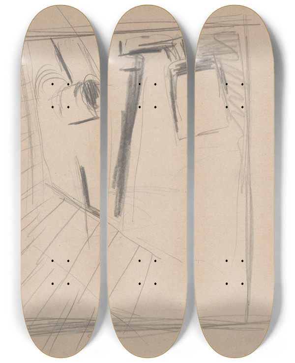 Triptych art skateboard deck of Cyprin Majernk Skicr_1 by Cyprian Majernik (1909-1945)
