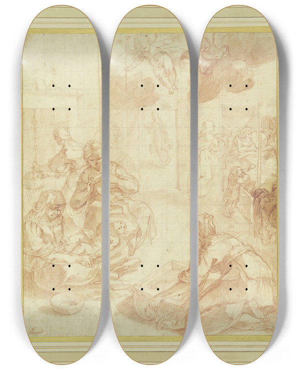 Triptych art skateboard deck of Francesco Albani Birth Of The Blessed Virgin Mary by Francesco Albani (1578-1660)