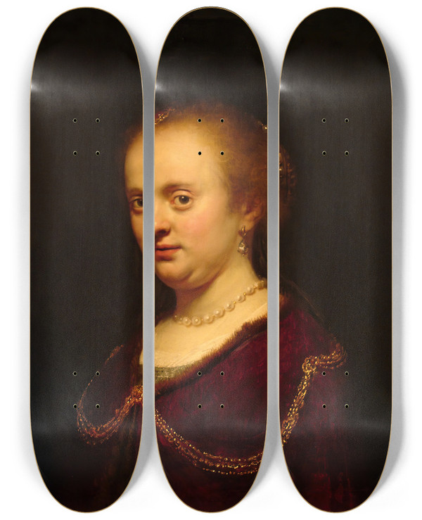 Triptych art skateboard deck of Rembrandt Van Rijn Young Woman With A Gold Chain by Rembrandt Van Rijn (1606-1669)