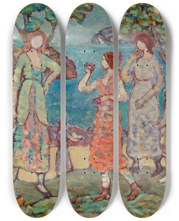 Triptych art skateboard deck of Maurice Prendergast Girls At The Inlet by Maurice Prendergast (1858-1924)
