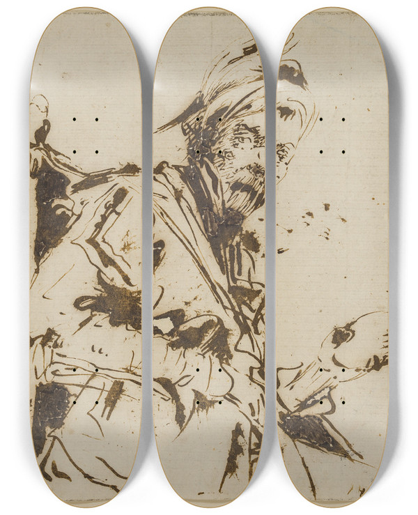 Triptych art skateboard deck of Giuseppe Bernardino Bison Mandlig Halvfigur Siddende I En Stol Med En Fjerprydet Hat Og Et Kranie I Sin Venstre Hnd by Giuseppe Bernardino Bison (1762-1844)