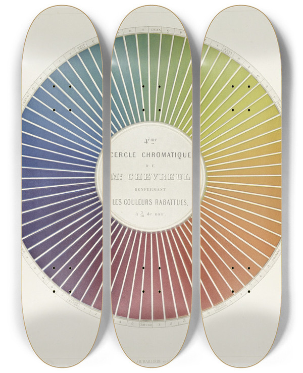 Triptych art skateboard deck of Michel Eugne Chevreul Des Couleurs Et De Leurs Applications Aux Arts Industriels A Laide Des Cercles Chromatiques Pl 08 by Michel Eugene Chevreul (1786-1889)