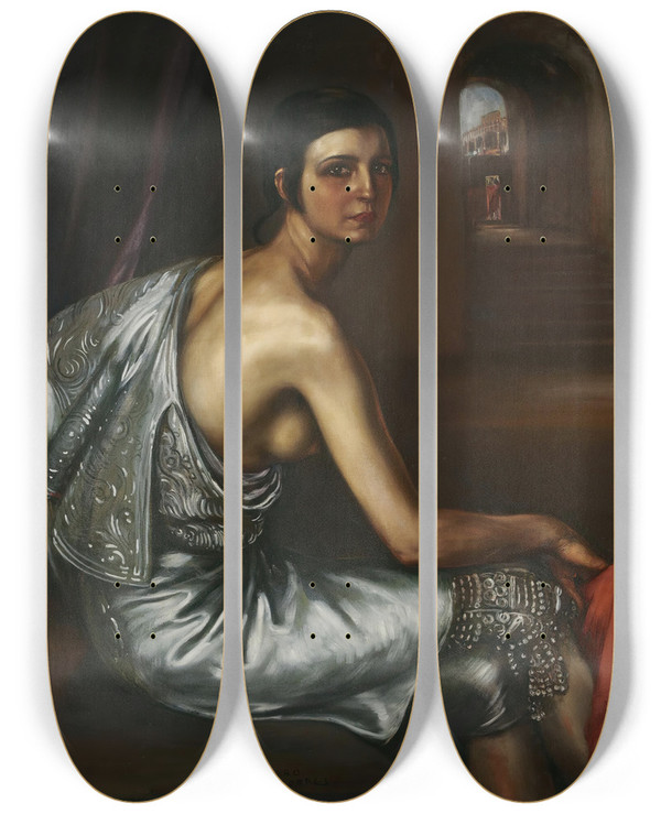 Triptych art skateboard deck of Julio Romero De Torres The Torero Girl by Julio Romero De Torres (1874-1930)