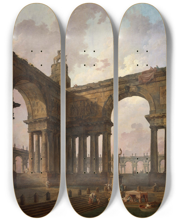 Triptych art skateboard deck of Hubert Robert The Landing Place by Hubert Robert (1733-1808)