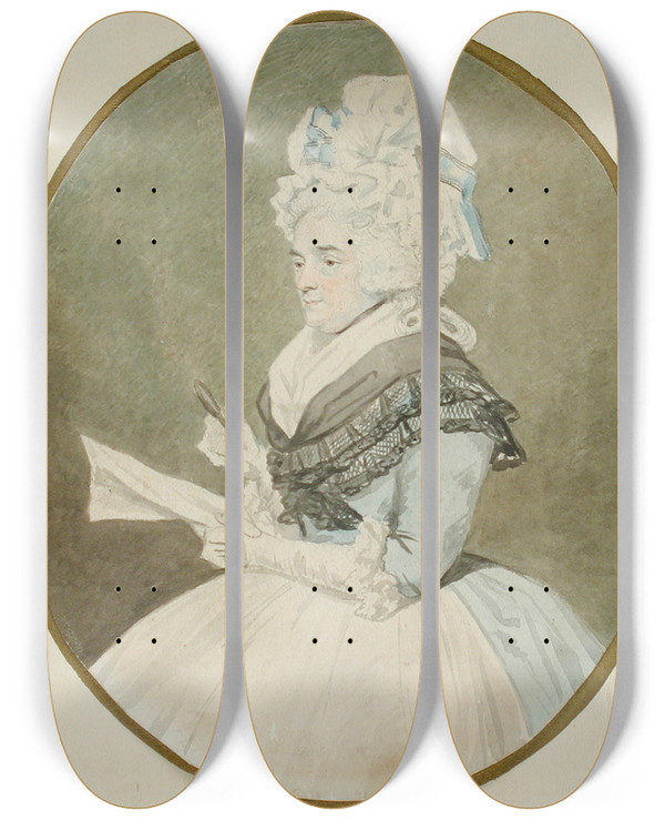 Triptych art skateboard deck of John Downman Old Lady With Magnifying Glass by John Downman (1750-1824)