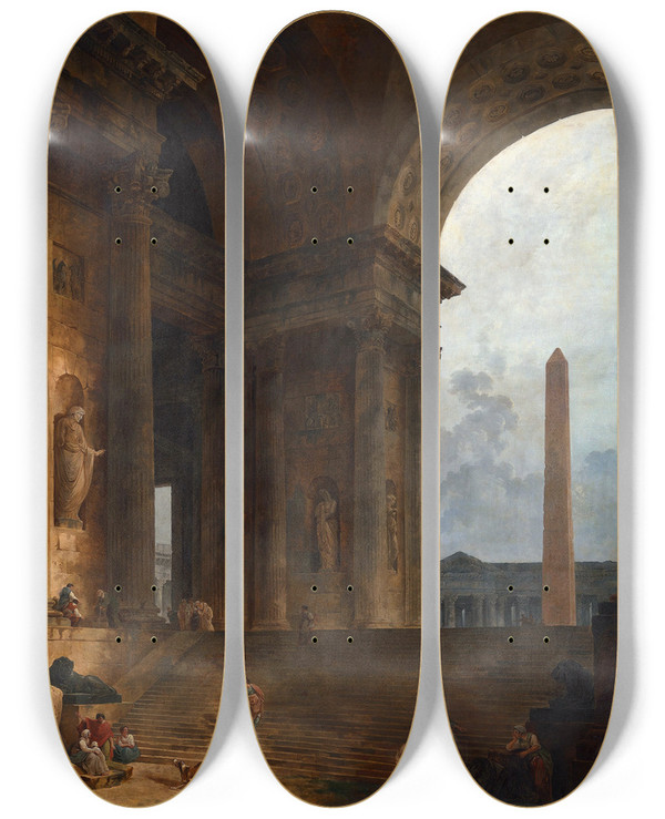 Triptych art skateboard deck of Hubert Robert The Obelisk_1 by Hubert Robert (1733-1808)