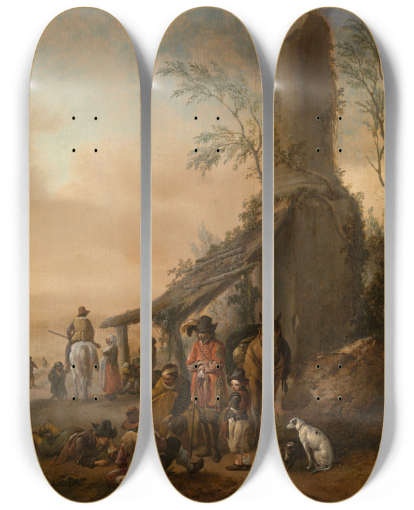 Triptych art skateboard deck of Philips Wouwerman Horsemans Stop 2 by Philips Wouwerman (1619-1668)
