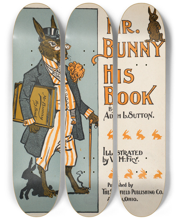 Triptych art skateboard deck of W H Fry Mr Bunny His Book By Adam L Sutton_2 by W H Fry (1883-1962)