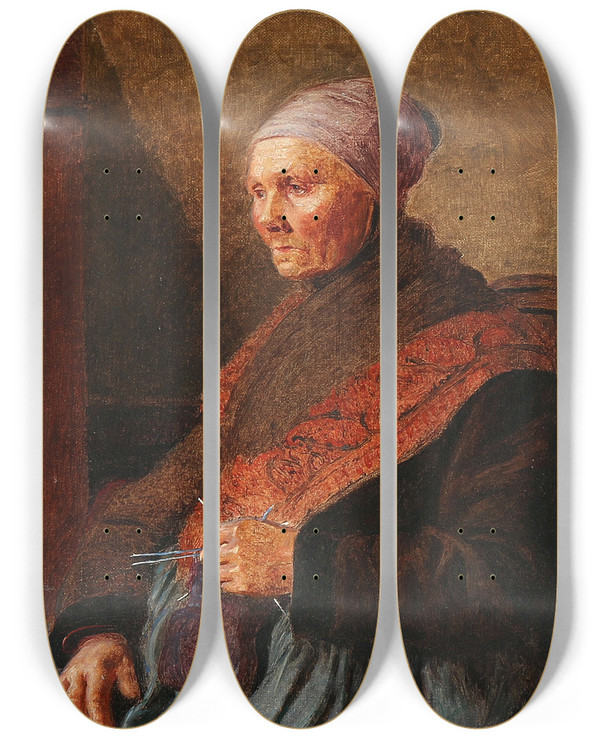 Triptych art skateboard deck of Kristian Zahrtmann En Amagerkone by Kristian Zahrtmann (1834-1912)