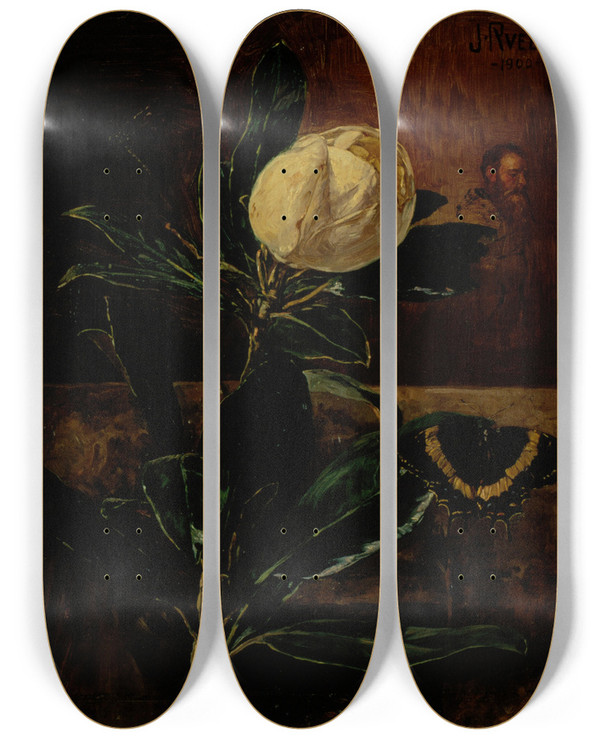 Triptych art skateboard deck of Julio Ruelas The Magnolia by Julio Ruelas (1870-1907)