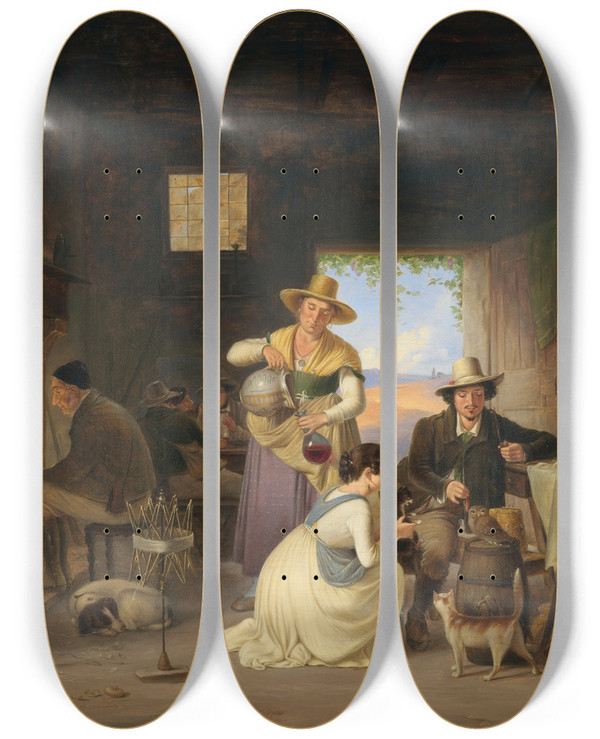 Triptych art skateboard deck of Albert Kchler Hunters In A Tavern by Albert Kuchler (1803-1886)
