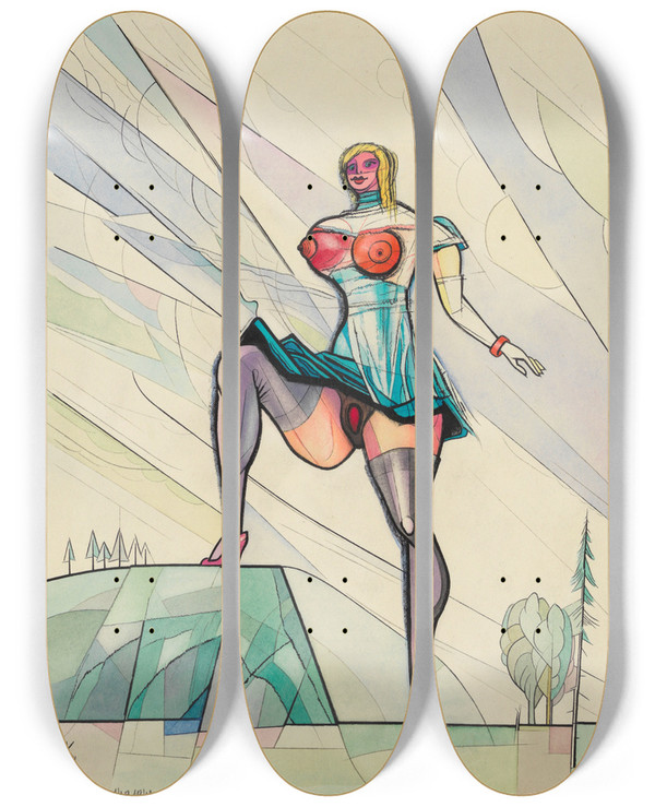 Triptych art skateboard deck of Karl Wiener Dmon by Karl Wiener (1901-1949)