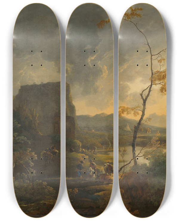 Triptych art skateboard deck of Adam Pynacker Italian Landscape With Ancient Tempietto by Adam Pynacker (1615-1673)