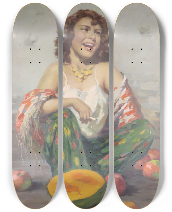 Triptych art skateboard deck of Rudolf Jelinek Zigaretten Rauchende Zigeunerin Mit Obst by Rudolf Jelinek (1880-1944)