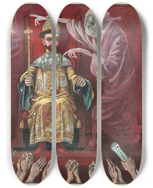 Triptych art skateboard deck of Frank Arthur Nankivell A Voice From The Past by Frank Arthur Nankivell (1869-1959)