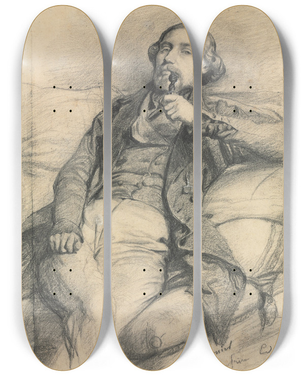 Triptych art skateboard deck of Ernest Meissonier Man Smoking by Ernest Meissonier (1815-1891)