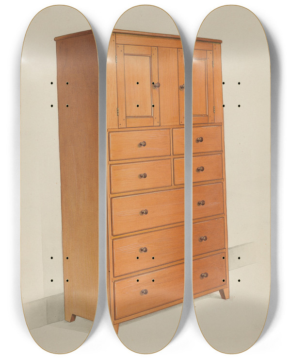 Triptych art skateboard deck of Anne Ger Shaker Cabinet by Anne Ger