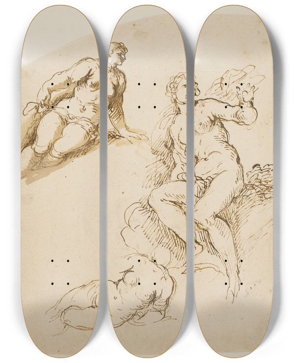 Triptych art skateboard deck of Jacopo Palma Il Giovane Studier Af En Siddende Og To Halvtliggende Kvinder by Jacopo Palma Il Giovane (1548-1628)