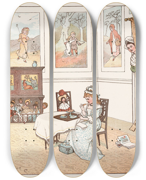 Triptych art skateboard deck of Randolph Caldecott Sing A Song For Sixpence Pl7 by Randolph Caldecott (1846-1886)