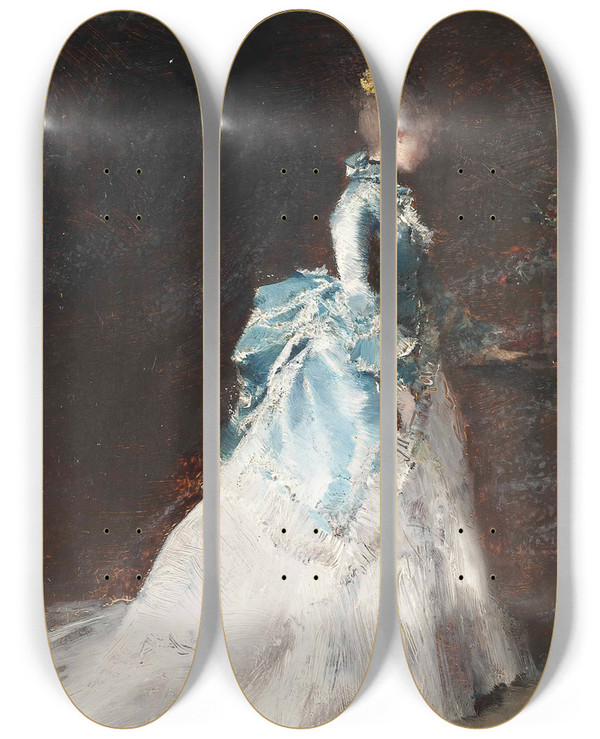 Triptych art skateboard deck of Albert Von Keller Flower Arranging In An Interior by Albert Von Keller (1844-1920)