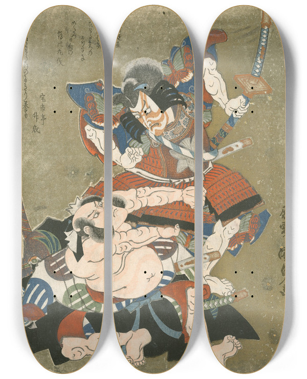 Triptych art skateboard deck of Utagawa Kunisada Toyokuni Iii Ichikawa Danjr Vii As Soga No Gor And Band Mitsugor Iii As Kobayashi No Asahina In A Soga Play by Utagawa Kunisada (Toyokuni III) (1786-1865)
