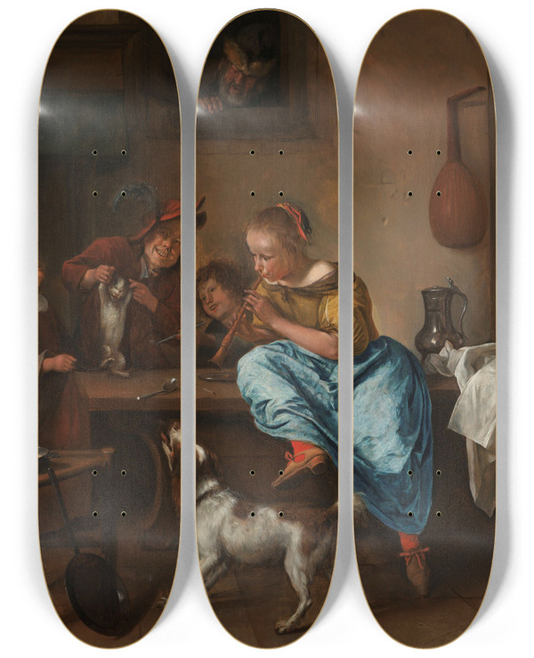 Triptych art skateboard deck of Jan Steen Children Teaching A Cat To Dance Known As The Dancing Lesson by Jan Steen (1626-1679)