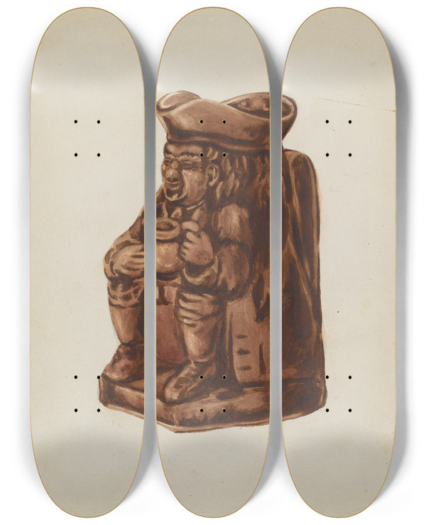 Triptych art skateboard deck of Dorothy Brennan Brown Pottery Toby Jug by Dorothy Brennan