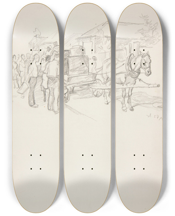 Triptych art skateboard deck of Ivan Ivanec Scena Przesiedlenia Zaadunek Rzeczy Na Jednokonny Wz Stojcy Na Ulicy Miasteczka by Ivan Ivanec (1893-1946)
