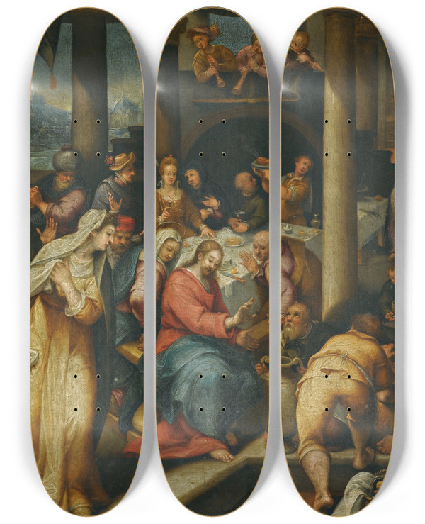Triptych art skateboard deck of Denys Calvaert The Wedding At Cana by Denys Calvaert (1540-1619)