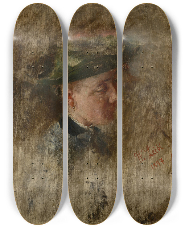 Triptych art skateboard deck of Wilhelm Leibl Mdchenkopf by Wilhelm Leibl (1844-1900)