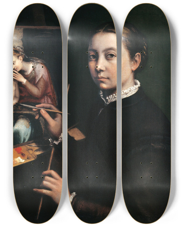 Triptych art skateboard deck of Sofonisba Anguissola Selfportrait At The Easel by Sofonisba Anguissola (1530-1625)