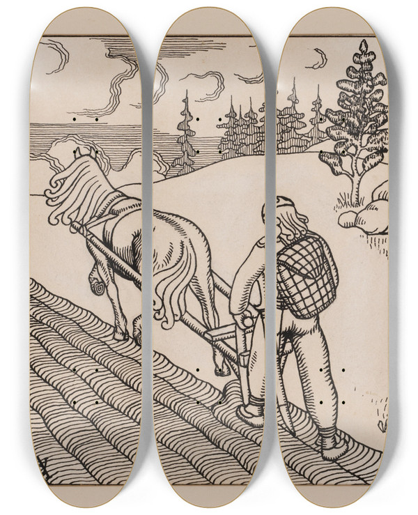 Triptych art skateboard deck of Aleksander Uurits Kalevipoeg Kndmas Tartmus by Aleksander Uurits (1888-1918)