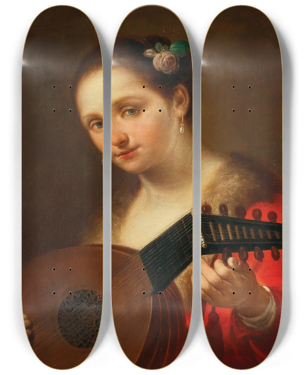 Triptych art skateboard deck of Antonio Beccadelli A Young Woman With Lute by Antonio Beccadelli (1718-1803)