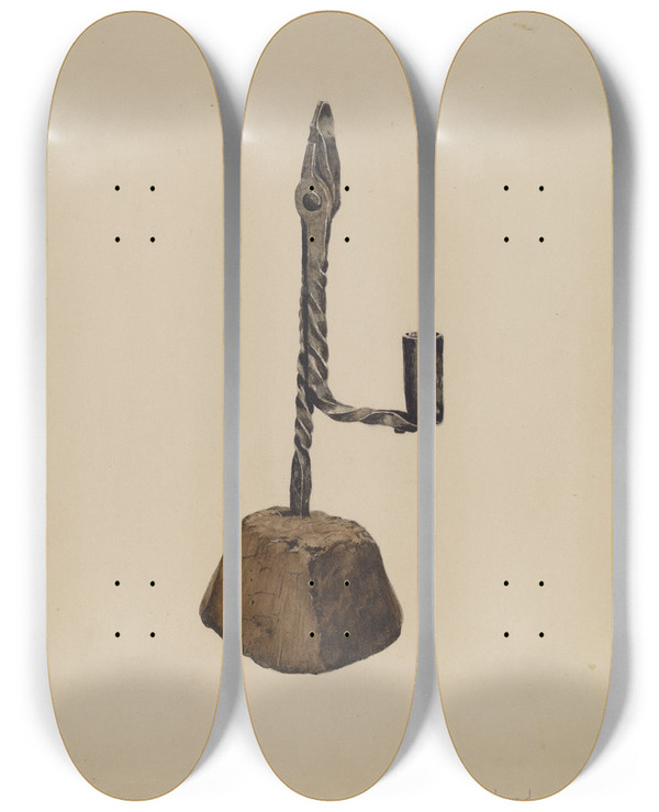 Triptych art skateboard deck of Howard Lumbard Candle Holder by Howard Lumbard