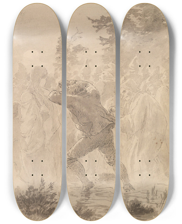 Triptych art skateboard deck of Hans Gude Da Han Var Kommen Midt Ut P Myra Var Det S Fullt Med Folk At Han Ordentlig Mtte Alboge Seg Fram_2 by Hans Gude (1825-1903)
