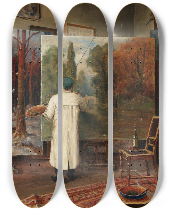 Triptych art skateboard deck of Julius Sergius Klever In Seinem Atelier by Julius Sergius Klever (1850-1924)