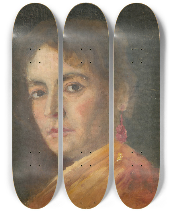 Triptych art skateboard deck of Aurel Ballo Head Study Of A Woman With An Earring by Aurel Ballo (1871-1940)