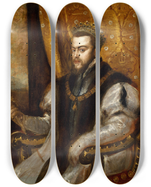Triptych art skateboard deck of Titian King Philip Ii Of Spain by Titian (1488-1576)
