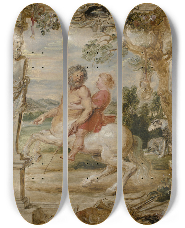 Triptych art skateboard deck of Peter Paul Rubens Achilles Educated By The Centaur Chiron by Peter Paul Rubens (1577-1640)