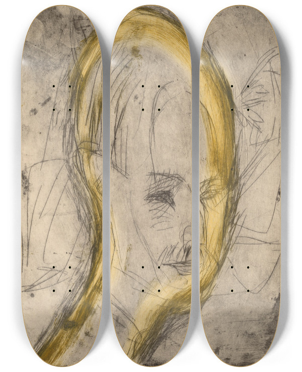 Triptych art skateboard deck of Ernst Ludwig Kirchner Head Of Dr Bauer by Ernst Ludwig Kirchner (1880-1938)