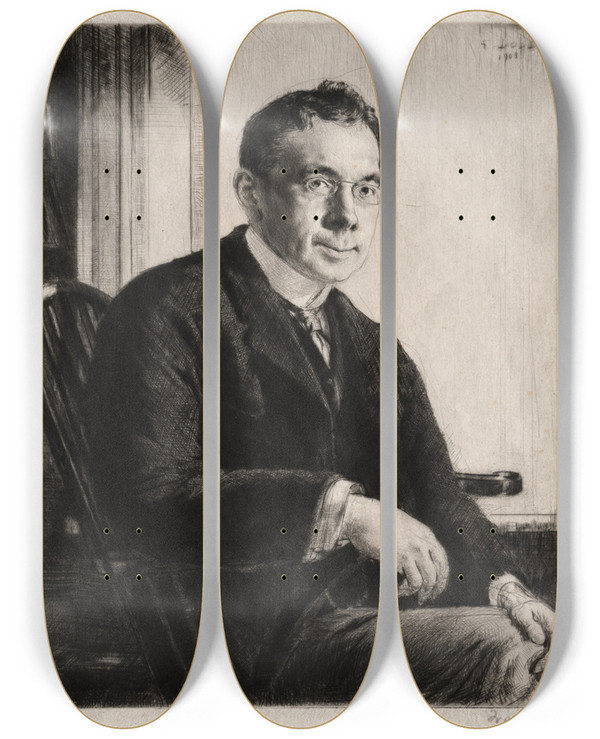 Triptych art skateboard deck of Francis Dodd Campbell Dodgson by Francis Dodd (1874-1949)