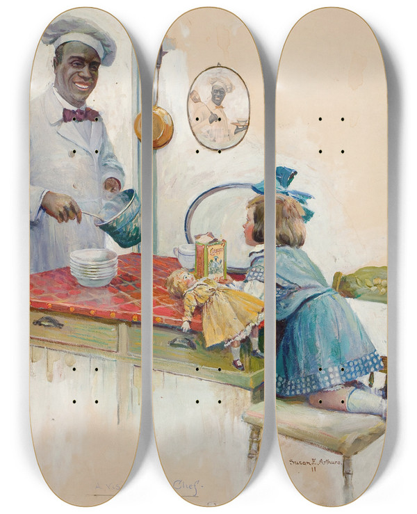 Triptych art skateboard deck of Susan E Arthurs A Visit With Chef Cream Of Wheat Advertisement by Susan E Arthurs (20-)
