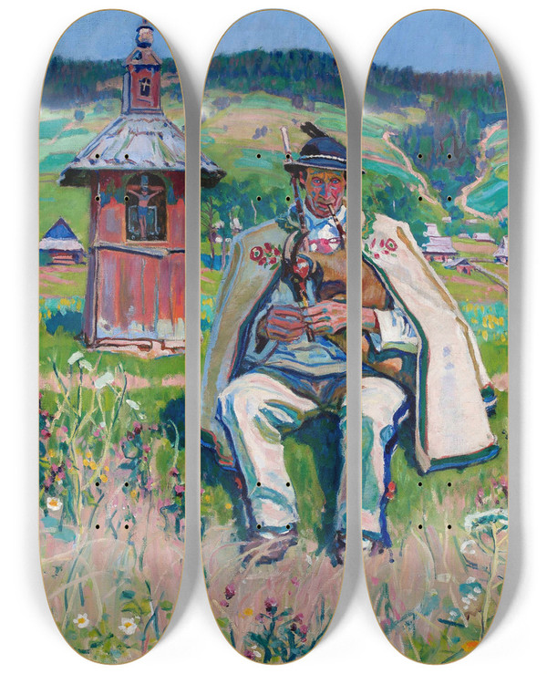 Triptych art skateboard deck of Gustaw Pillati Highlander With A Bandura Against Landscape by Gustaw Pillati (1874-1931)