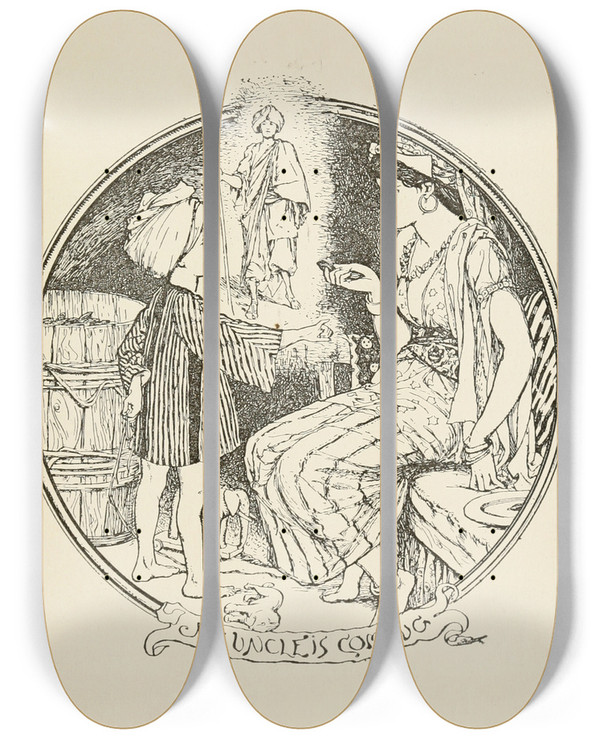 Triptych art skateboard deck of Henry Justice Ford My Uncle Is Coming by Henry Justice Ford (1860-1941)