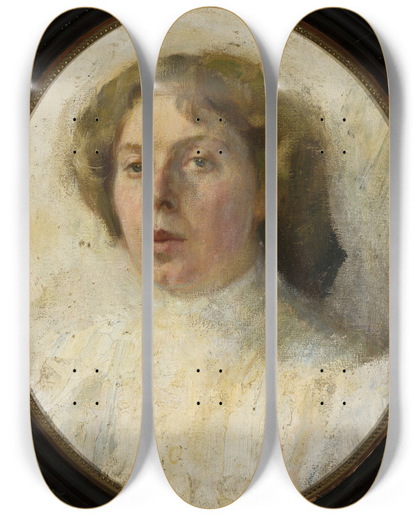 Triptych art skateboard deck of Valentin Alexandrovich Serov Portrait Of A Woman by Valentin Alexandrovich Serov (1865-1911)