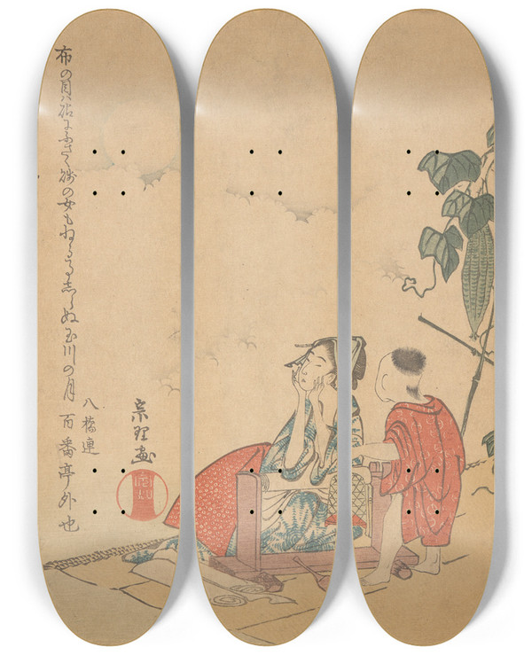 Triptych art skateboard deck of Katsushika Hokusai Woman And Boy With Melon Plant by Katsushika Hokusai (1760-1849)
