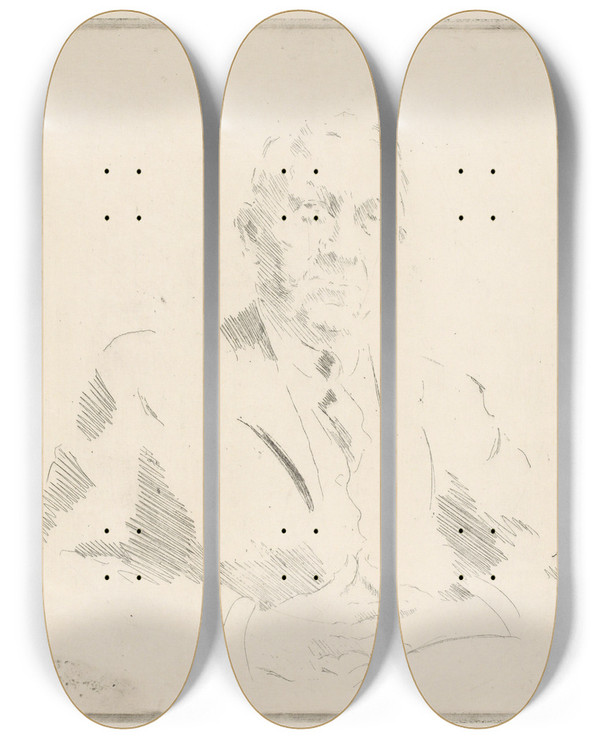 Triptych art skateboard deck of Henrik Lund Direktr Th Platou by Henrik Lund (1879-1935)